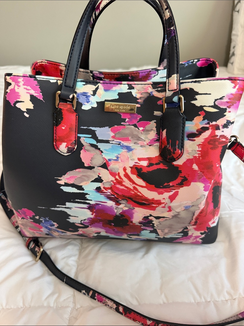 kate spade Black Floral Satchel with Pink & Red Accents
